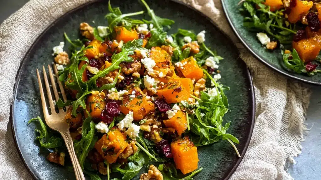 Roasted butternut squash salad with arugula, feta, cranberries, and walnuts on a dark ceramic plate.