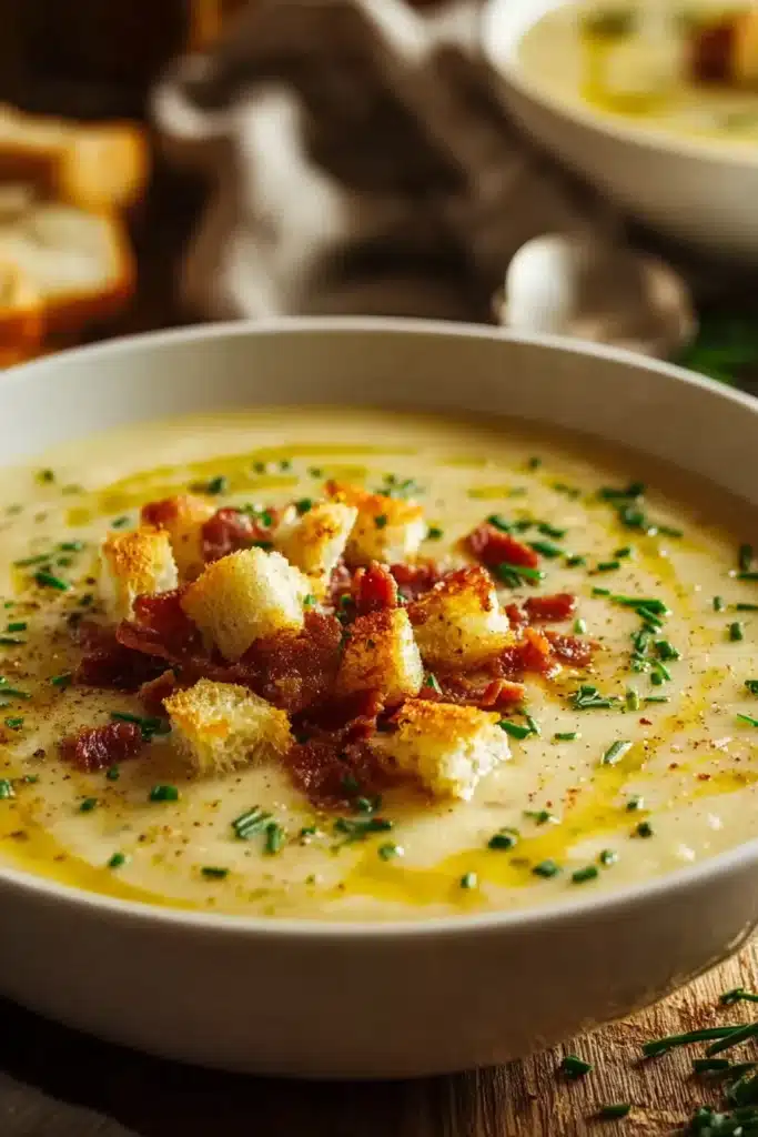 A creamy bowl of Cheddar Garlic Herb Potato Soup, topped with crispy bacon, buttery croutons, and a sprinkle of chives — the perfect comfort meal for cozy nights.