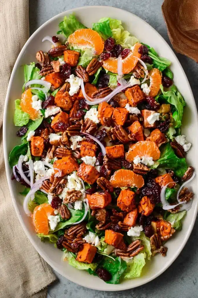 Roasted Sweet Potato Goat Cheese Salad: A Warm, Flavorful Fall Salad Bursting with Texture and Color 6 This Roasted Sweet Potato Goat Cheese Salad is bursting with flavor and texture — sweet roasted potatoes, creamy goat cheese, crunchy pecans, and tangy mandarins come together for the perfect fall salad.