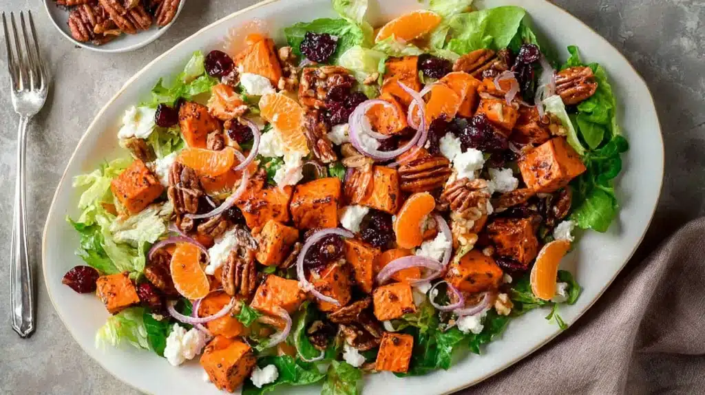 Roasted Sweet Potato Goat Cheese Salad: A Warm, Flavorful Fall Salad Bursting with Texture and Color 4 Colorful roasted sweet potato goat cheese salad with leafy greens, pecans, mandarin slices, and dried cranberries on a white serving platter.