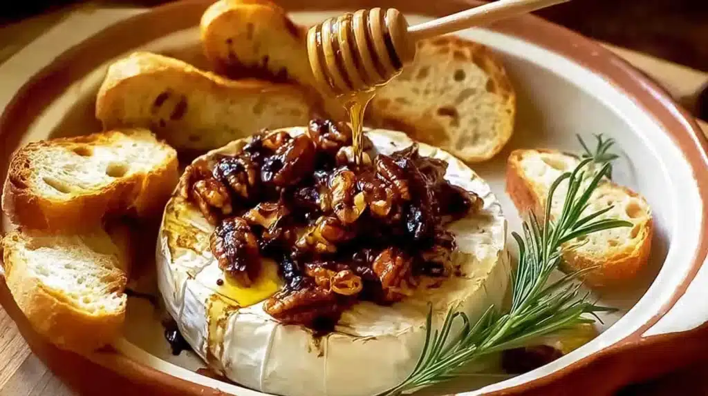 Baked brie topped with fig jam, pecans, and a drizzle of honey, served with toasted baguette slices and rosemary garnish.
