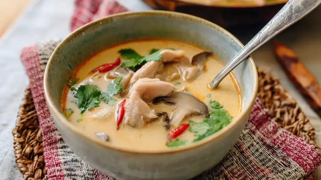 Slow Cooker Thai Chicken Coconut Soup 4 Bowl of creamy Thai Soup with chicken, mushrooms, and red chili in coconut broth.