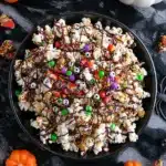 Bowl of Halloween popcorn mix drizzled with chocolate and orange candy melts, topped with candy eyeballs, colorful sprinkles, and mini pumpkin candies.