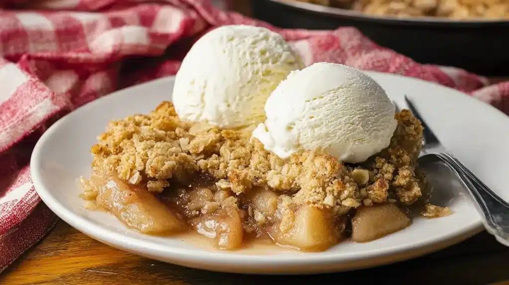Homemade apple crisp with oats served warm with vanilla ice cream on a white plate.