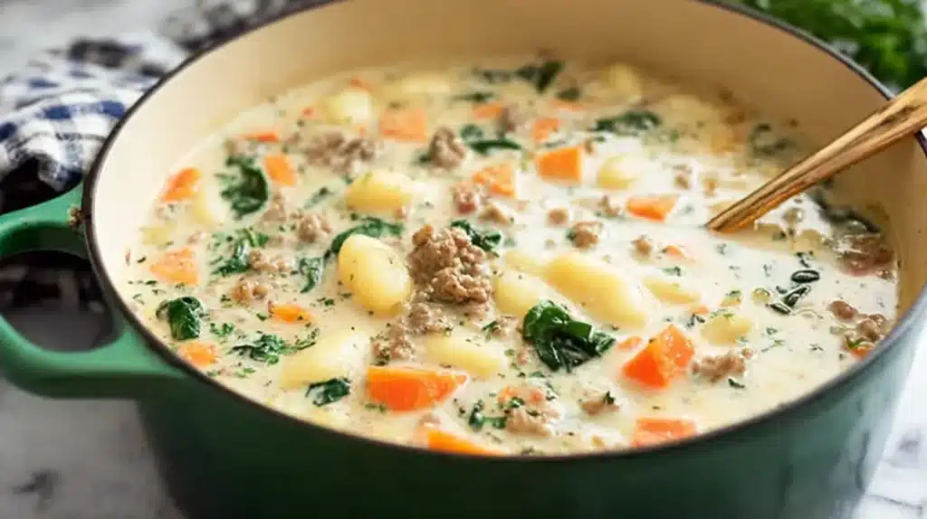 A hearty pot of creamy Italian Sausage and Potato Gnocchi Soup made with tender gnocchi, savory sausage, fresh spinach, and vegetables; perfect for cozy nights and easy weeknight dinners.