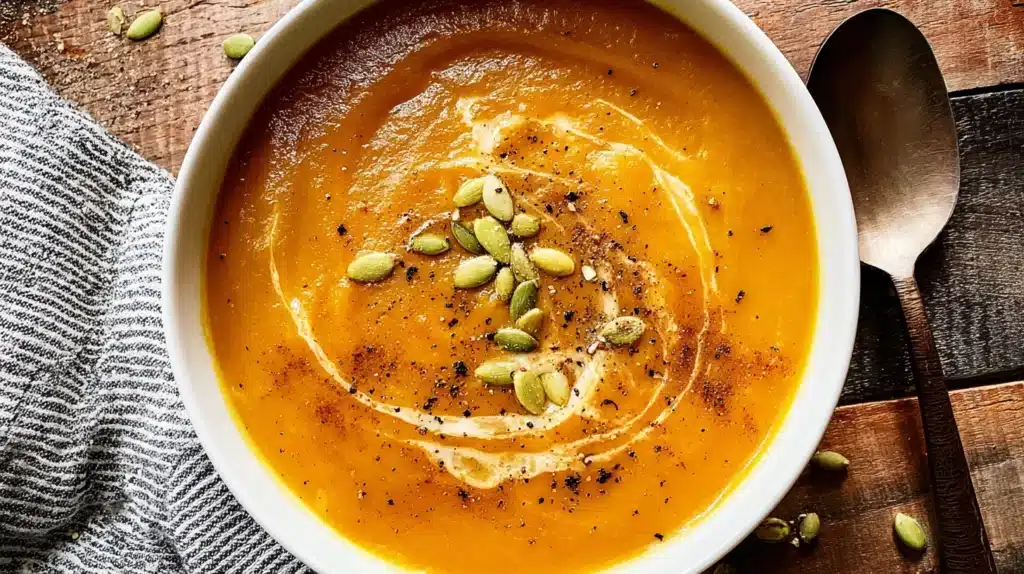 Copycat Panera Autumn Squash Soup 6 Creamy bowl of autumn squash soup topped with pumpkin seeds and a swirl of cream on a wooden table.