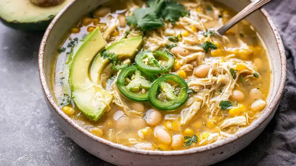 Close-up of Southwest White Chicken Chili with shredded chicken, white beans, corn, avocado, and jalapeño slices in a rustic bowl.