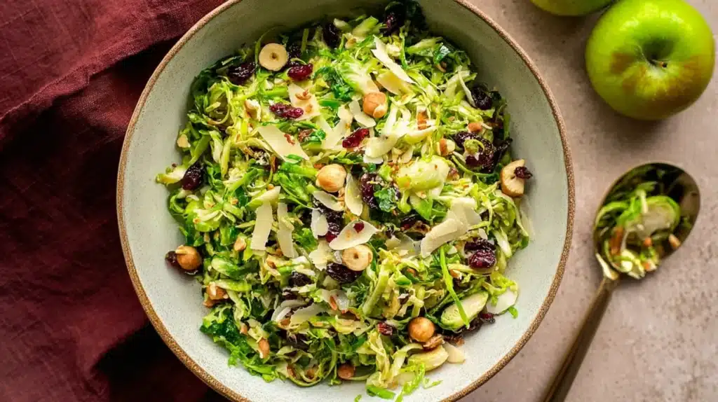 Shaved Brussels Sprouts Salad with Apples and Hazelnuts: A Fresh, Festive Holiday Side 5 Shaved Brussels sprouts salad with dried cranberries, hazelnuts, and Parmesan shavings served in a ceramic bowl.