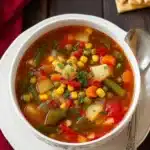 Bowl of homemade vegetable soup with carrots, corn, green beans, peas, potatoes, and tomatoes, served with crackers and a spoon on a wooden table.
