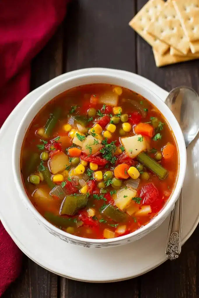 Simple Vegetable Soup with Fresh Herbs and Garden Flavor 8 Bowl of homemade vegetable soup with carrots, corn, green beans, peas, potatoes, and tomatoes, served with crackers and a spoon on a wooden table.