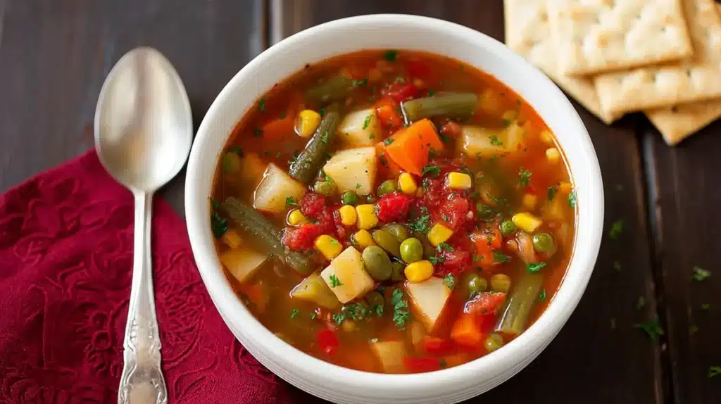 Simple Vegetable Soup with Fresh Herbs and Garden Flavor 5 Bowl of homemade vegetable soup with carrots, corn, green beans, peas, potatoes, and tomatoes, served with crackers and a spoon on a wooden table.