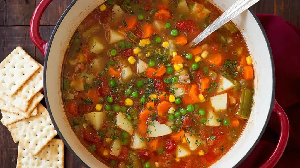 Simple Vegetable Soup with Fresh Herbs and Garden Flavor 7 A comforting bowl of Simple Vegetable Soup loaded with colorful vegetables like carrots, peas, and potatoes in a savory tomato broth — light, healthy, and perfect for any day.