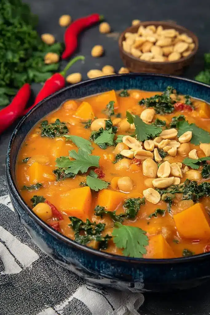 A creamy and comforting peanut butter soup made with sweet potatoes, chickpeas, kale, and a touch of spice — topped with crushed peanuts and fresh herbs for the perfect cozy meal.