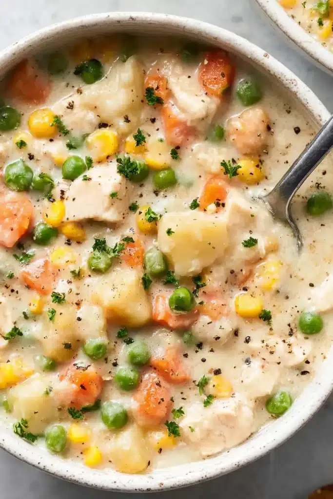 This Chicken Pot Pie Soup recipe brings the classic comfort of pot pie to your bowl — rich, creamy, and packed with tender chicken, colorful vegetables, and hearty potatoes.