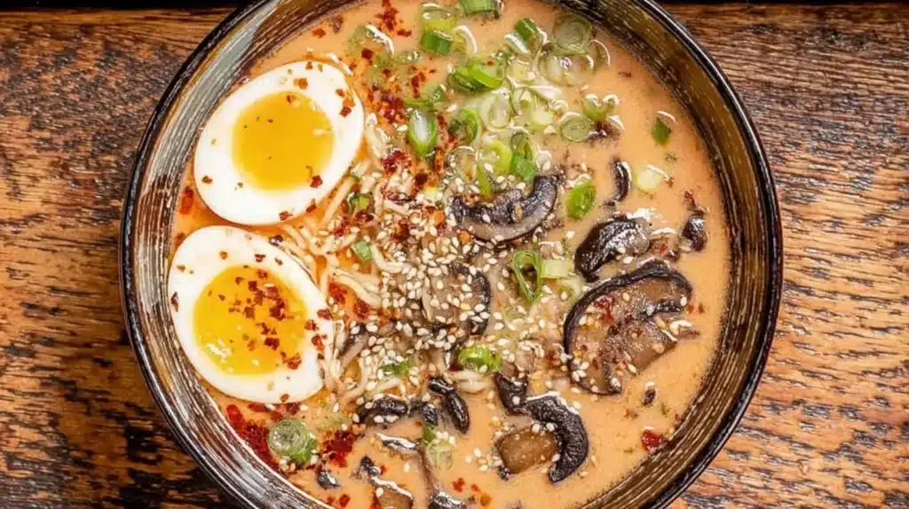 Creamy Spicy Miso Ramen with Mushrooms and Soft-Boiled Eggs 7 A warm and comforting bowl of creamy ramen filled with noodles, mushrooms, scallions, and soft-boiled eggs in a rich miso broth — the perfect cozy meal for any day.