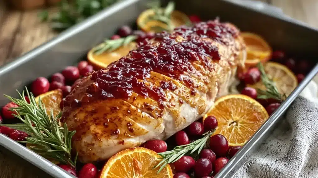 Cranberry Orange Glazed Turkey Breast Recipe: A Juicy, Flavor-Packed Centerpiece for Your Holiday Table 8 Orange glazed turkey breast in a roasting pan with cranberries, rosemary, and orange slices, perfect for Thanksgiving dinner.