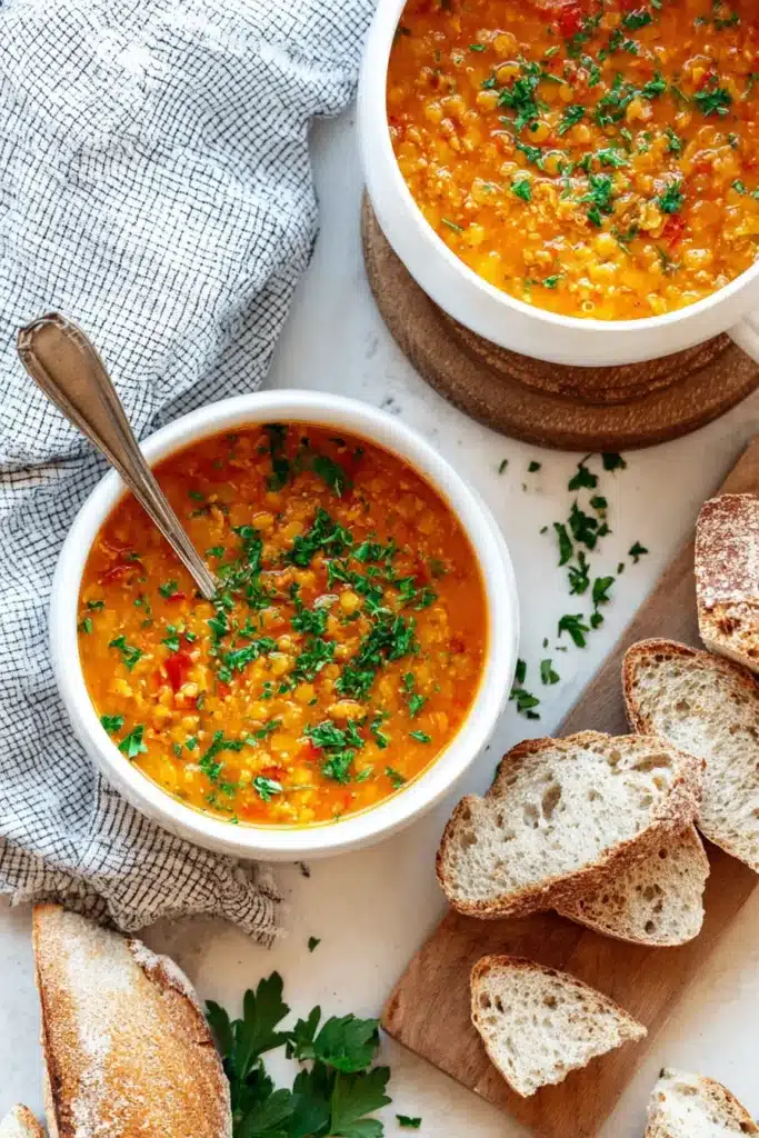 A cozy bowl of Vegan Red Lentil Soup packed with hearty lentils, vegetables, and herbs — the perfect plant-based comfort food for any day.