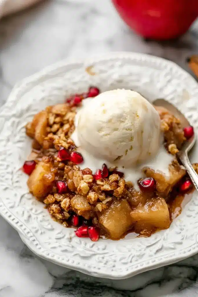 This warm and comforting Gluten Free Apple Crisp is made with tender cinnamon apples and a golden oat-almond crumble, finished with a scoop of creamy vanilla ice cream.