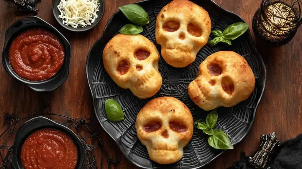 Halloween pizza skulls served on a decorative plate with dipping sauce, basil, and cheese on a rustic wooden table.