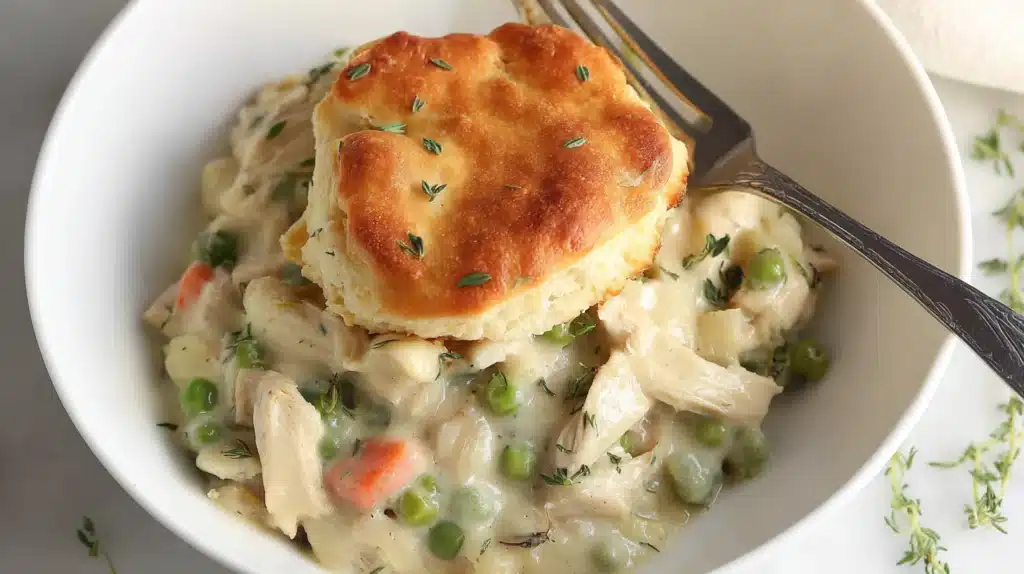 Turn your holiday leftovers into comfort food bliss with this creamy Leftover Turkey Skillet Pot Pie topped with golden, buttery biscuits and loaded with tender turkey and veggies.