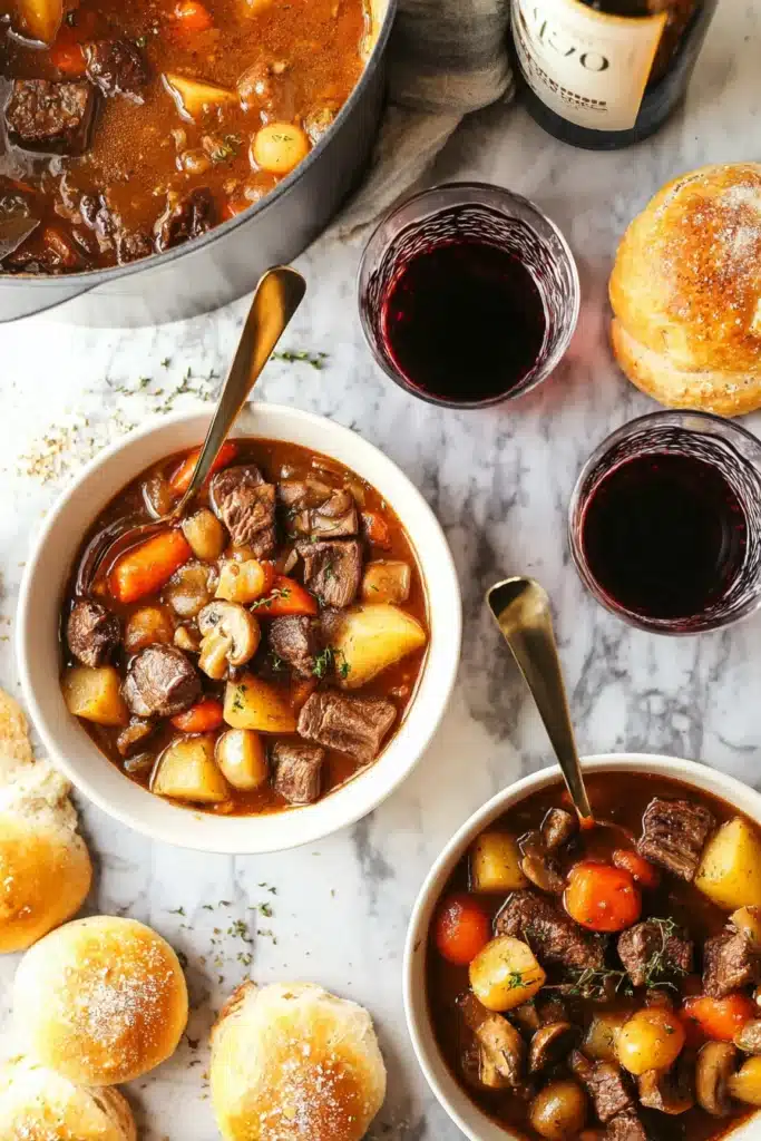 Viral Beef Stew: The Ultimate Comfort Soup Recipe 7 Rich, comforting Viral Beef Stew served with crusty bread and red wine — a cozy one-pot meal made with tender beef, carrots, and potatoes simmered in a flavorful brown gravy.