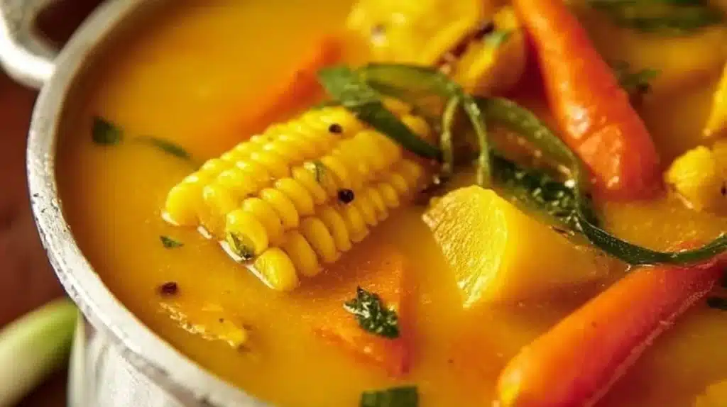 Jamaican Chicken Soup: Caribbean Comfort in a Bowl 5 Overhead view of Jamaican chicken soup with corn, pumpkin, chicken drumstick, Scotch bonnet, and dumplings in a golden broth.