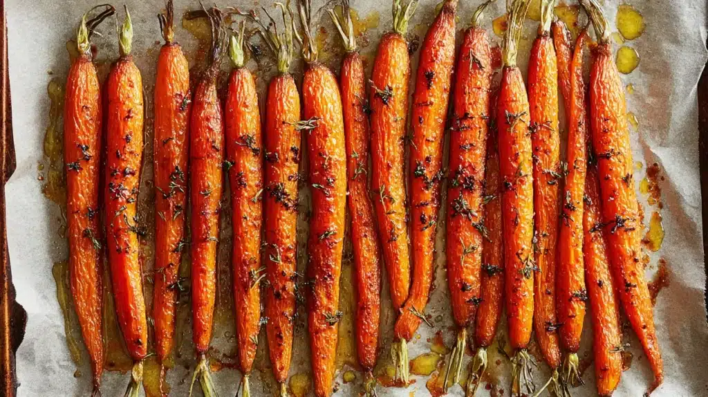 Golden roasted carrots coated with a honey-butter glaze and herbs — a perfect mix of sweet and savory flavor that brightens up any dinner table.