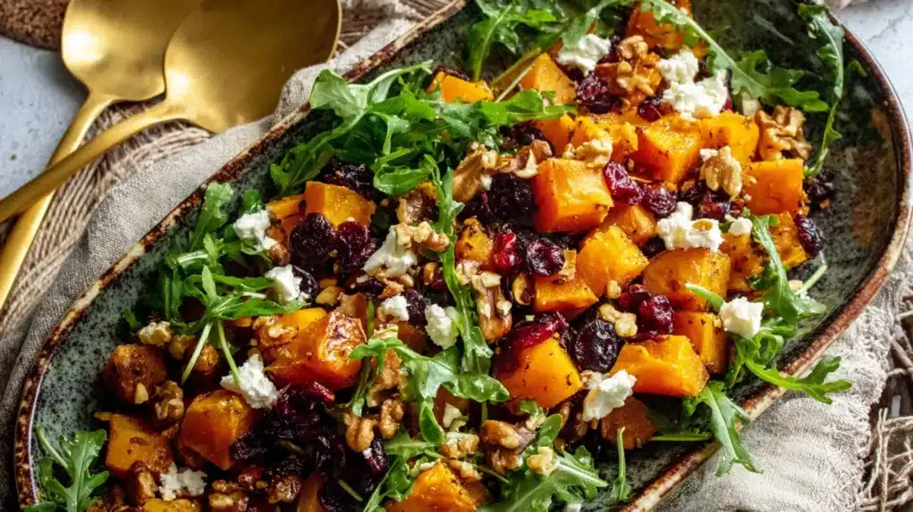 Sweet roasted butternut squash meets tangy feta, crunchy walnuts, and dried cranberries in this vibrant salad — a perfect balance of textures and fall flavors.