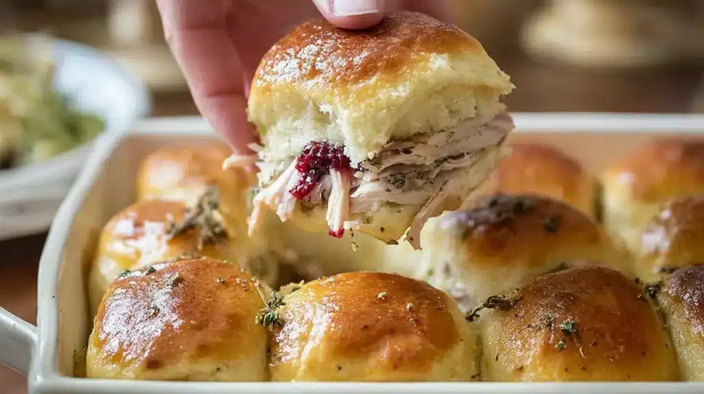 These Thanksgiving Leftovers Sliders are layered with juicy turkey, tart cranberry sauce, and melty cheese — all baked inside soft, buttery rolls brushed with