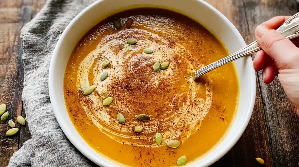 Copycat Panera Autumn Squash Soup 9 A rich and velvety autumn squash soup topped with roasted pumpkin seeds and a swirl of cream — the perfect copycat of Panera’s cozy fall favorite.