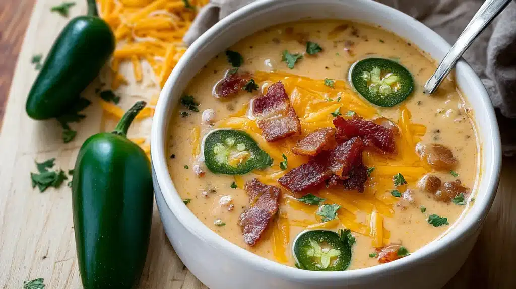 Creamy jalapeño popper soup topped with crispy bacon, melted cheddar cheese, jalapeño slices, and fresh herbs in a white bowl on a wooden table.