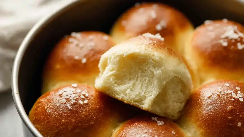 Golden brown gluten-free dinner rolls in a round pan with a soft, fluffy texture and sprinkled with sea salt.