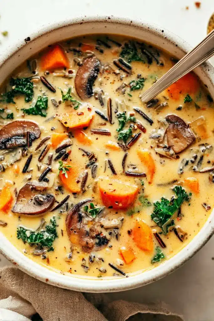 Bowl of creamy autumn wild rice soup with carrots, mushrooms, kale, and herbs, served with a spoon.
