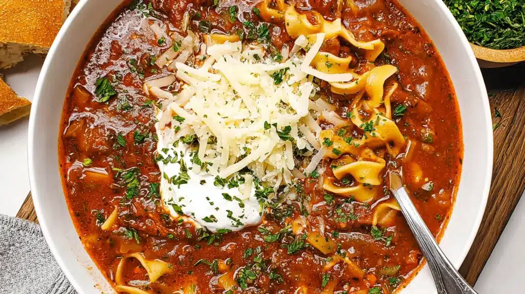 Vegetarian Lasagna Soup: All the Flavor, None of the Fuss 5 Bowl of Vegetarian Lasagna Soup with noodles, tomato broth, ricotta, mozzarella, and fresh parsley.