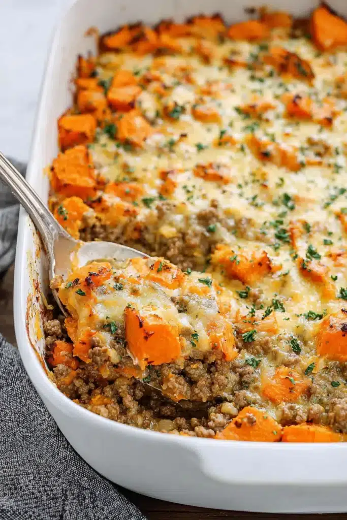 A hearty and flavorful casserole made with tender ground turkey, sweet potatoes, and melted cheese — the perfect balance of healthy and comforting.