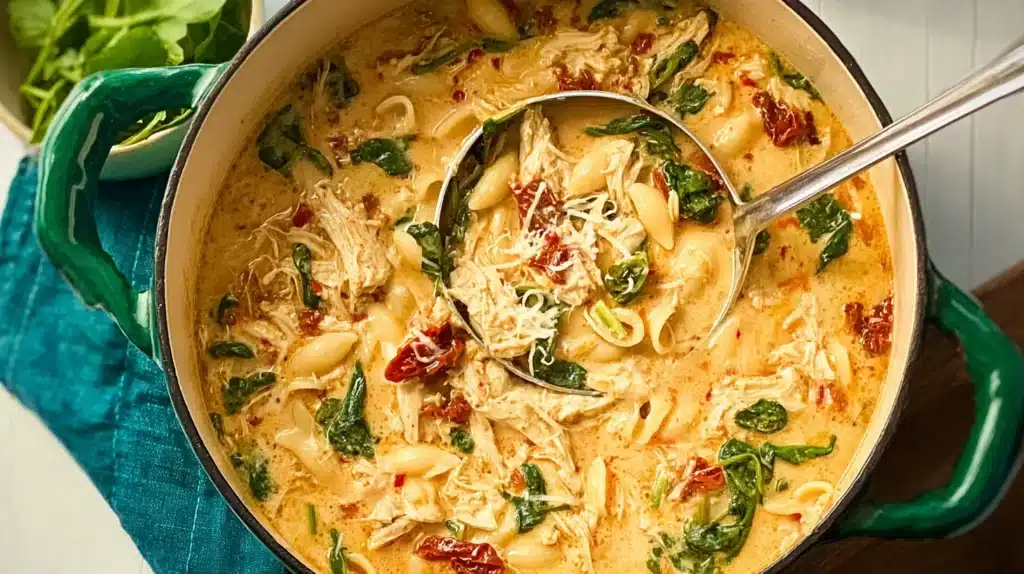 Creamy Marry Me Chicken Soup in a Dutch oven with spinach, pasta shells, and sun-dried tomatoes.
