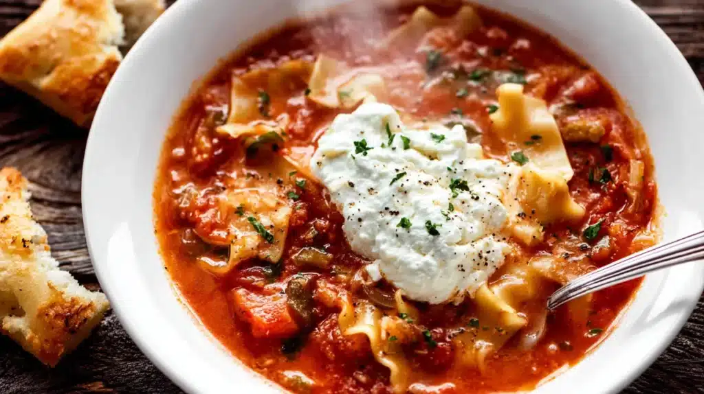 Bowl of Crockpot Lasagna Soup topped with ricotta cheese and parsley.