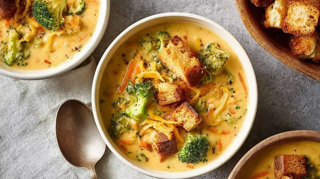 Broccoli Cheddar Soup: Comfort in a Bowl for All Seasons 6 Creamy broccoli cheddar soup topped with golden croutons served in white bowls.