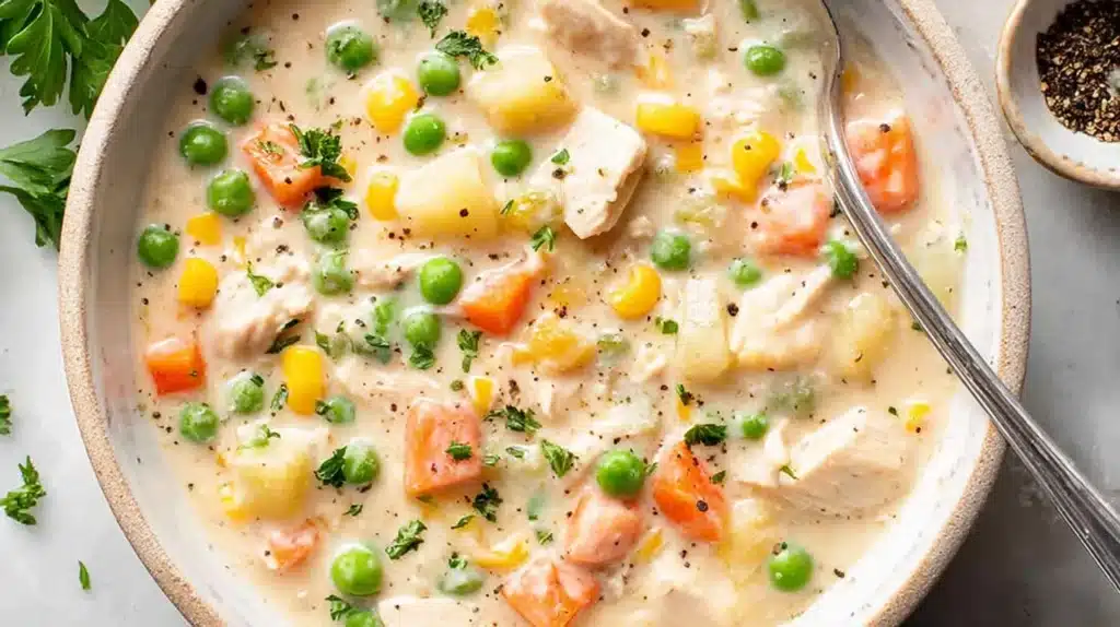 Creamy chicken pot pie soup in a white bowl with chicken, peas, carrots, corn, and potatoes, topped with fresh parsley and black pepper.