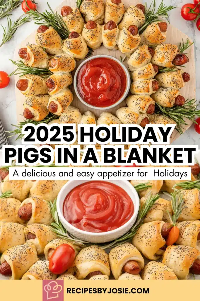 Holiday pigs in a blanket arranged in a wreath shape with rosemary, cherry tomatoes, and a bowl of ketchup in the center.