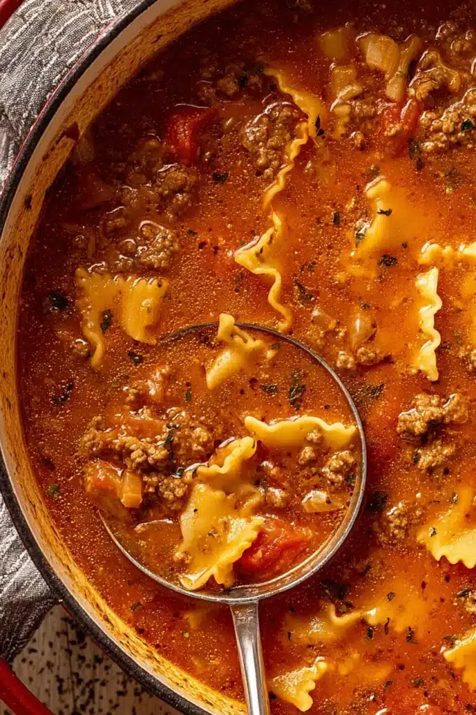 High Protein Lasagna Soup A Comforting High Protein Meal Everyone Loves 7 Overhead view of a pot of high protein lasagna soup with lasagna noodles, ground meat, tomato broth, and a ladle.