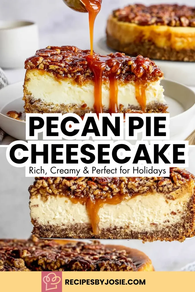 Pecan Pie Cheesecake Recipe : A warm, cozy, holiday-worthy dessert 8 Rich and creamy Pecan Pie Cheesecake topped with caramel-coated pecans and baked over a graham crust. A perfect holiday dessert for gatherings and celebrations.