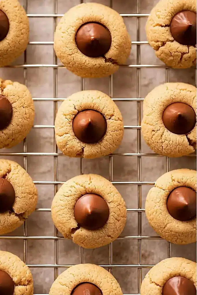 Classic Peanut Butter Blossoms: The Sweet, Soft Christmas Cookie Everyone Loves 6 Classic peanut butter blossom cookies topped with Hershey’s chocolate kisses cooling on a wire rack.