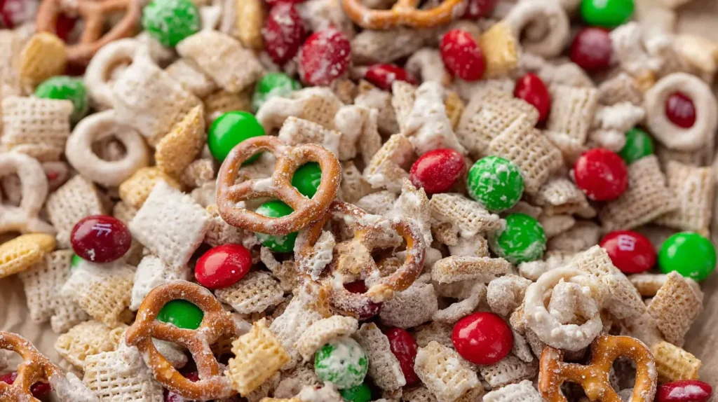 Christmas Chex Mix Recipe: Sweet, Salty, and Perfect for Holiday Snacking 4 Christmas Chex Mix with pretzels, Chex cereal, Cheerios, peanuts, and red and green M&Ms coated in white chocolate.