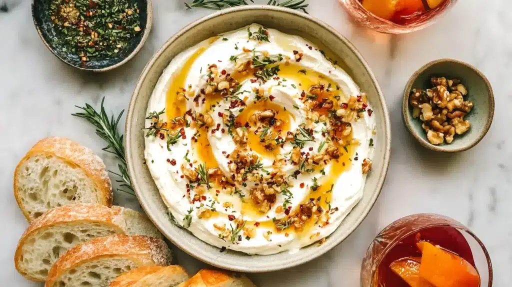 Creamy ricotta dip topped with hot honey, walnuts, and rosemary. A delicious sweet-savory appetizer that’s perfect for parties, holidays, or effortless entertaining.