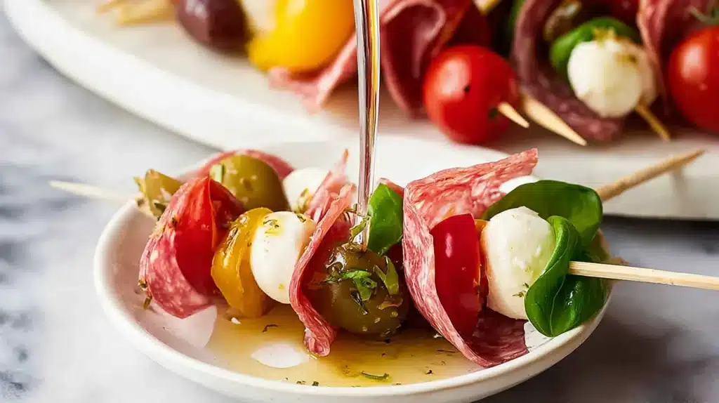 Close-up of Christmas antipasto wreath skewers with salami, mozzarella, olives, tomatoes, and herbs being drizzled with dressing.