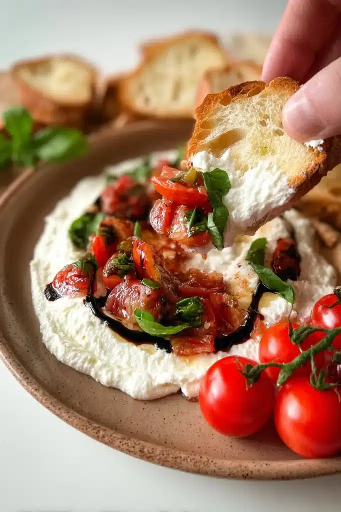 Creamy bruschetta dip topped with fresh tomatoes, basil, and balsamic glaze. A vibrant and delicious appetizer perfect for parties, holidays, or summer gatherings.