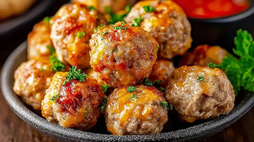 Golden Rotel cream cheese sausage balls with melted cheese and herbs served in a bowl with dipping sauce.