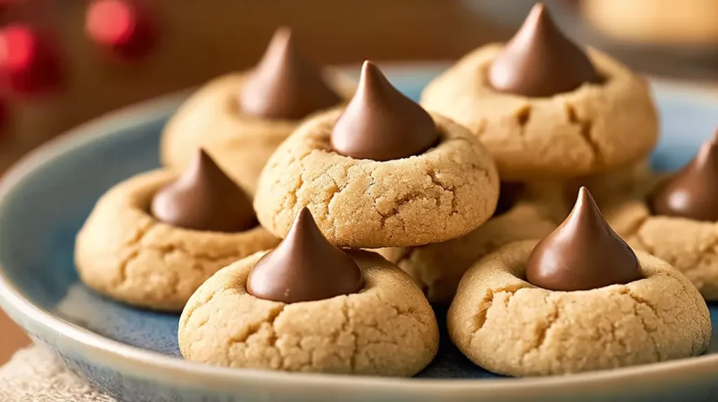 Classic Peanut Butter Blossoms: The Sweet, Soft Christmas Cookie Everyone Loves 4 Classic peanut butter blossom cookies topped with Hershey’s chocolate kisses on a ceramic plate.