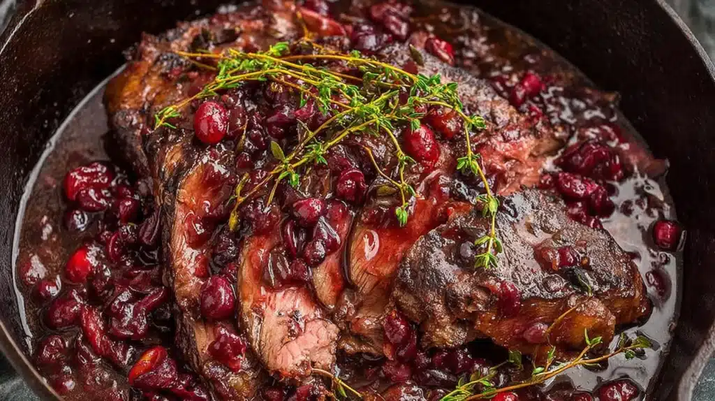 Cranberry Roast Beef Recipe That Delivers Rich Holiday Flavor Every Time 4 Tender roast beef slices smothered in a rich cranberry herb sauce, perfect for a festive Christmas dinner.